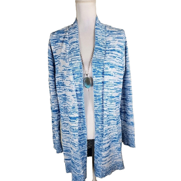 Chico's ~Woman Size 2 (L)~ White-Blue Marled Open Front Cardigan Sweater Cotton. - Picture 1 of 11